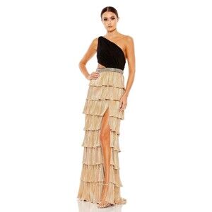 NWT Ieena Mac Duggal 26742 Black Gold Metallic Tiered Gown One Shoulder 8 Prom